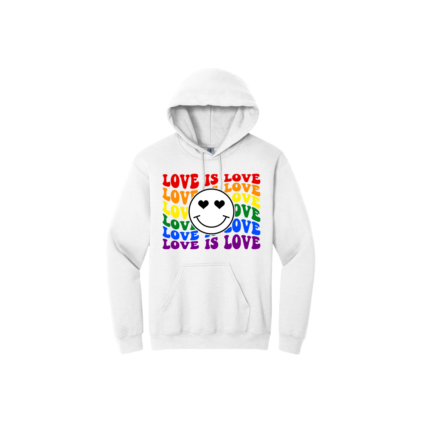 White unisex hoodie with rainbow text reading 'Love is Love' along with a graphic of a smiley face with heart eyes in the center.