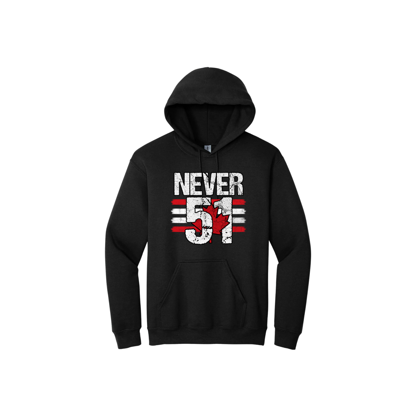 Black unisex hoodie featuring large white text that reads 'Never 51' along side red and white stripes and a red Canadian maple leaf.