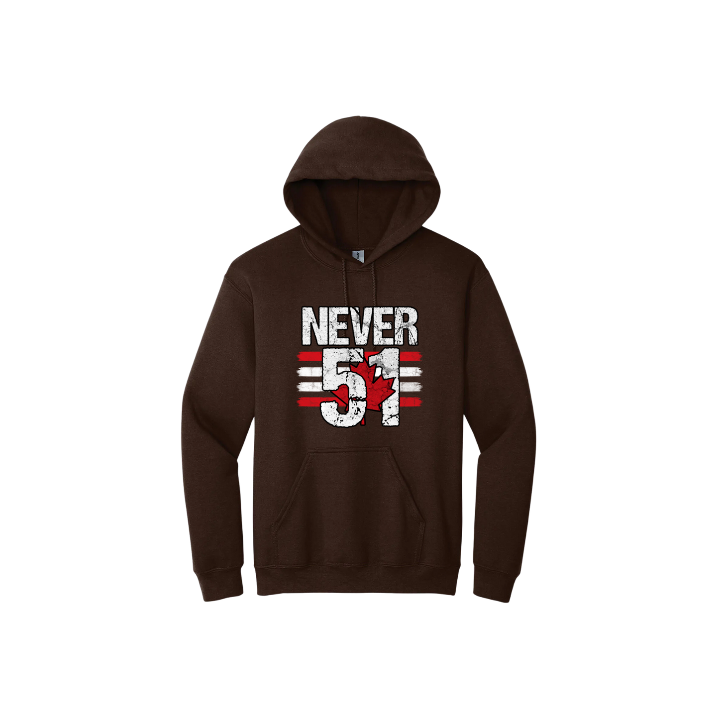 Brown unisex hoodie featuring large white text that reads 'Never 51' along side red and white stripes and a red Canadian maple leaf.
