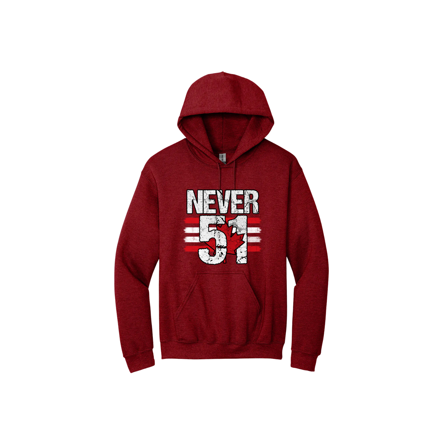Cherry red unisex hoodie featuring large white text that reads 'Never 51' along side red and white stripes and a red Canadian maple leaf.