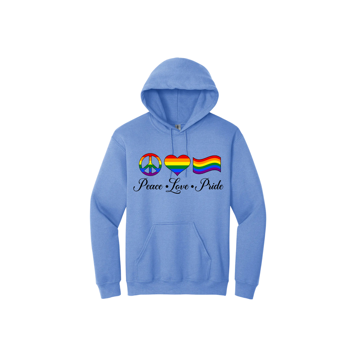 Blue unisex hoodie with the words 'Peace - Love - Pride' written below rainbow coloured shapes of a piece symbol, heart, and pride flag.