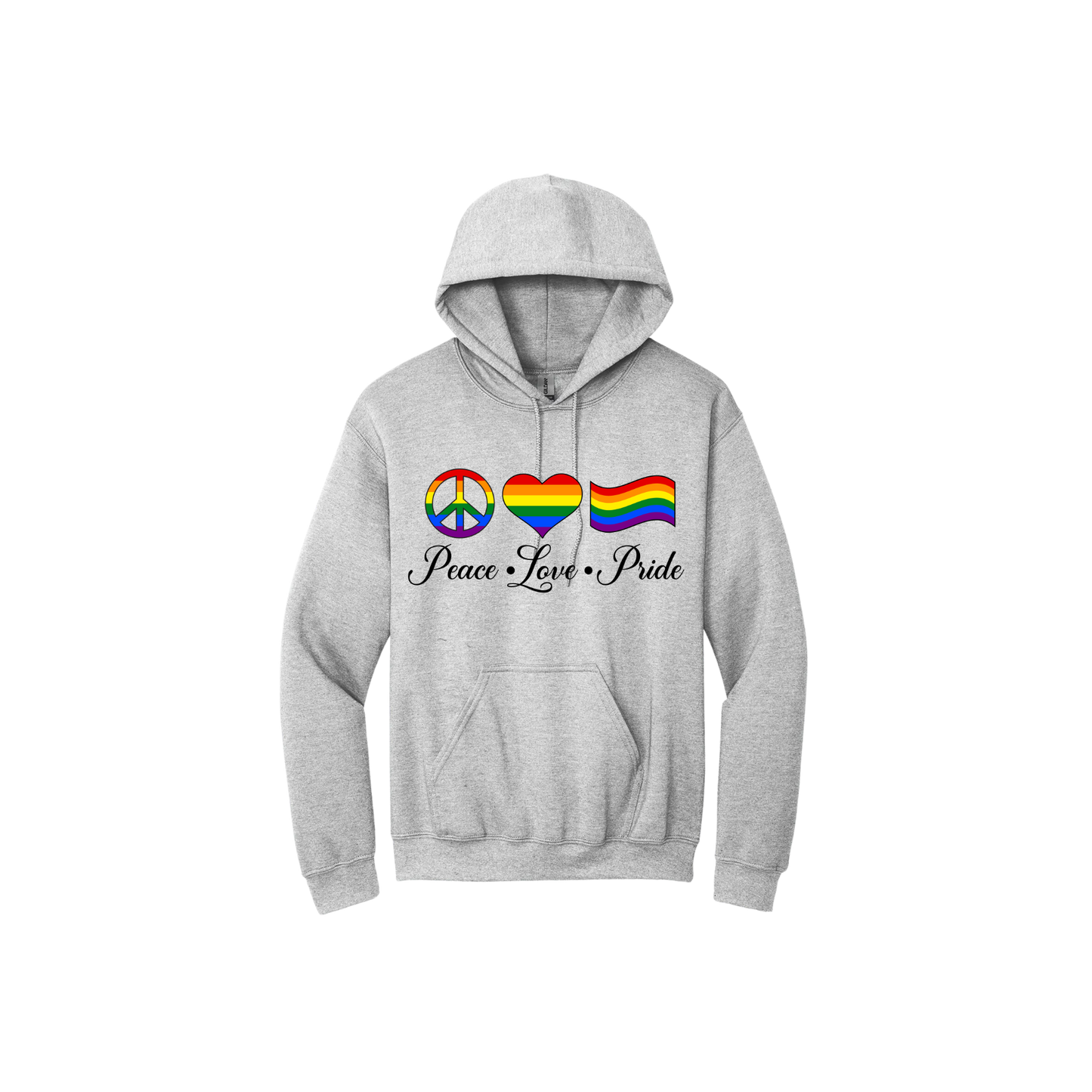 Grey unisex hoodie with the words 'Peace - Love - Pride' written below rainbow coloured shapes of a piece symbol, heart, and pride flag.