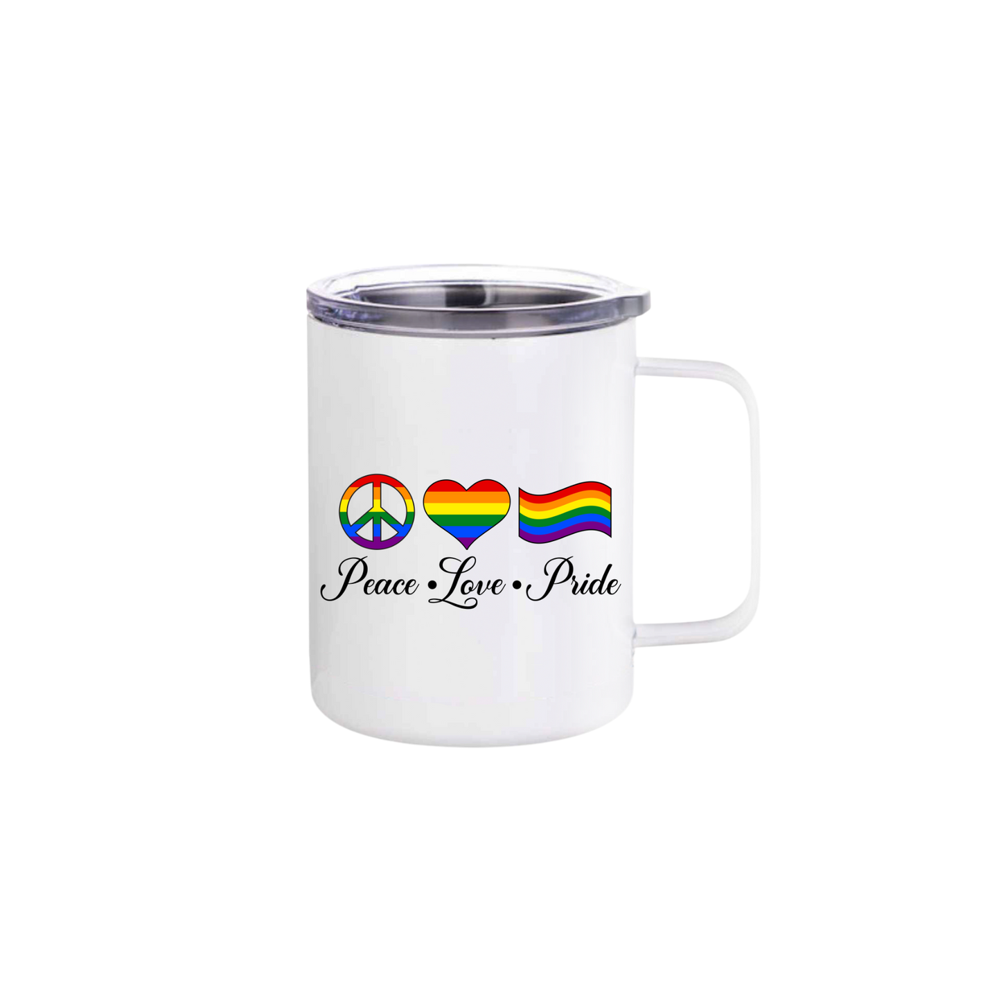 A White stainless steel mug with the words 'Peace - Love - Pride' written below rainbow coloured shapes of a piece symbol, heart, and pride flag.
