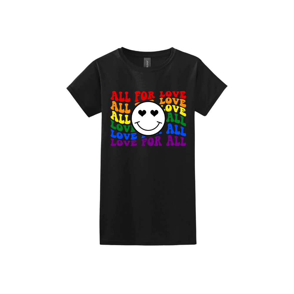Black womens tshirt with colourful 'All for Love' text and smiley face design