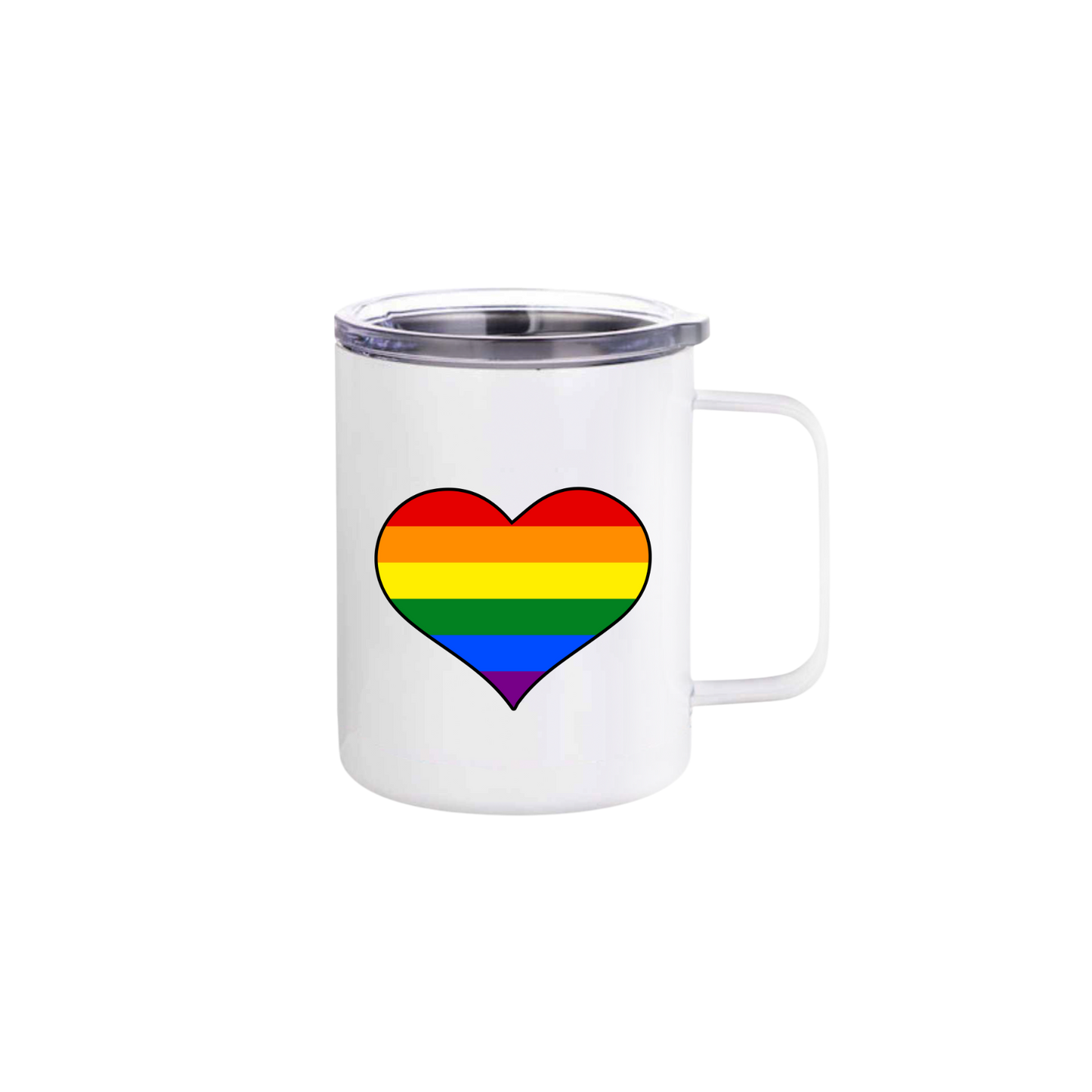 A white stainless steel mug featuring a rainbow coloured heart in the center.