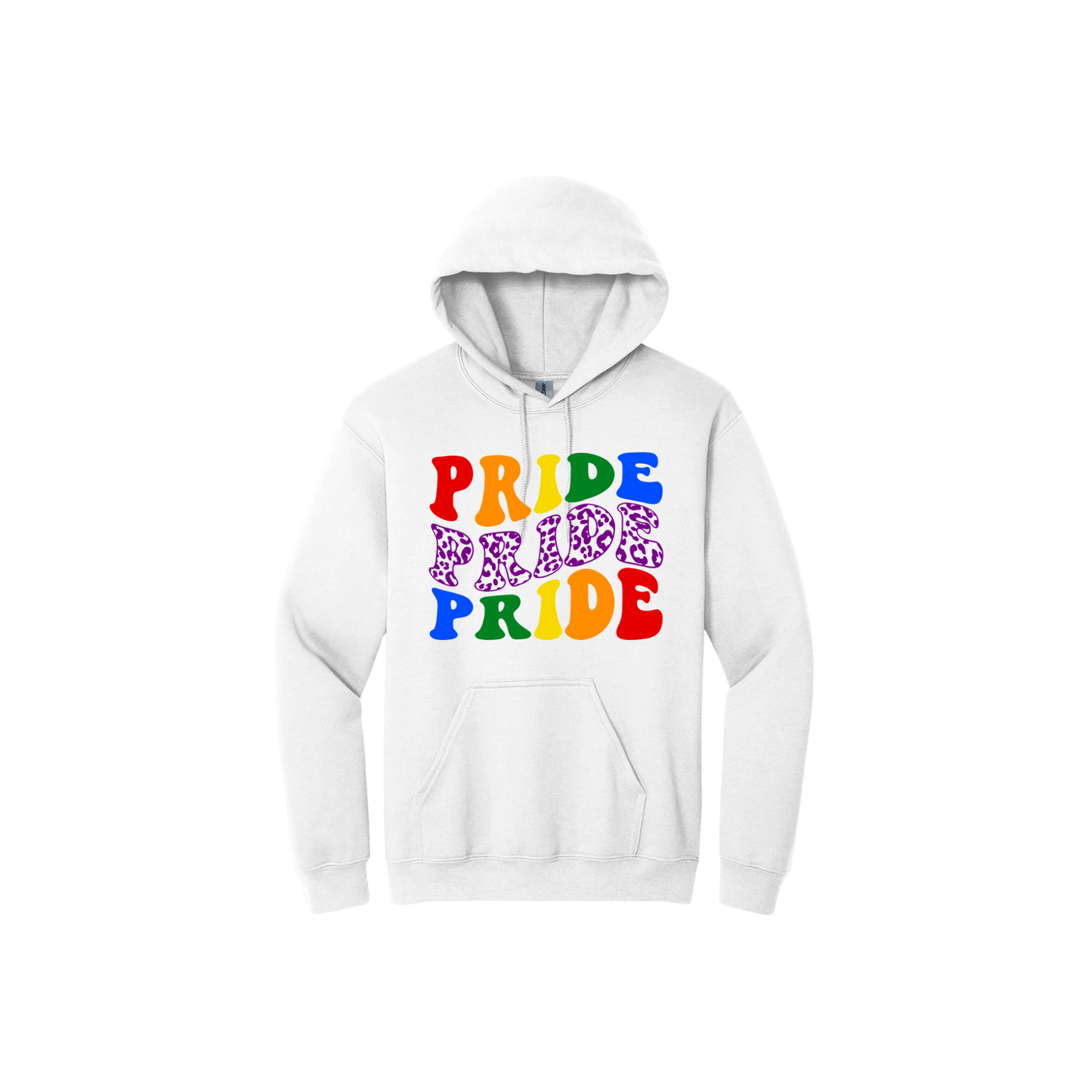 White unisex hoodie with text that reads 'Pride Pride Pride' in colourful lettering.