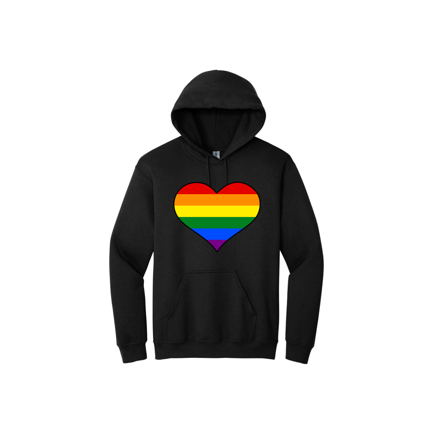 Black unisex hoodie with a rainbow coloured heart graphic in the center.