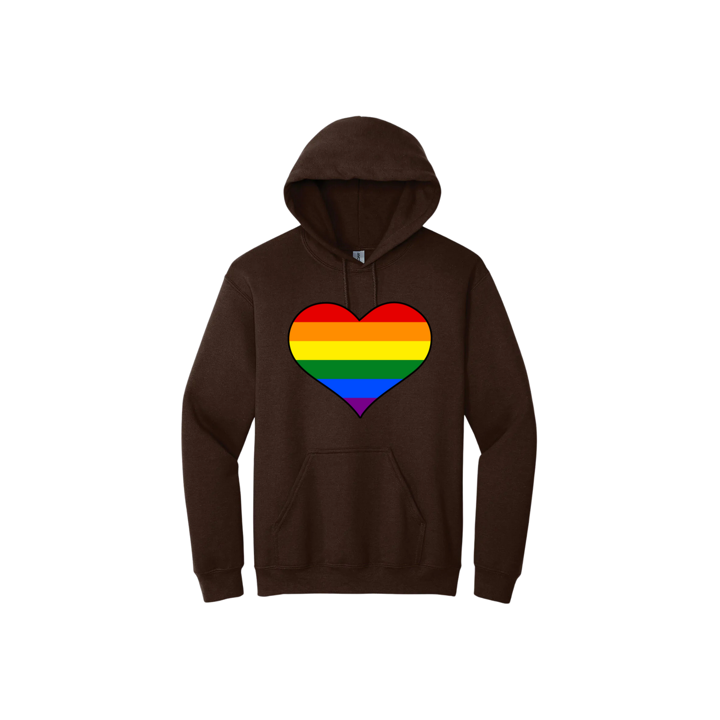 Brown unisex hoodie with a rainbow coloured heart graphic in the center.