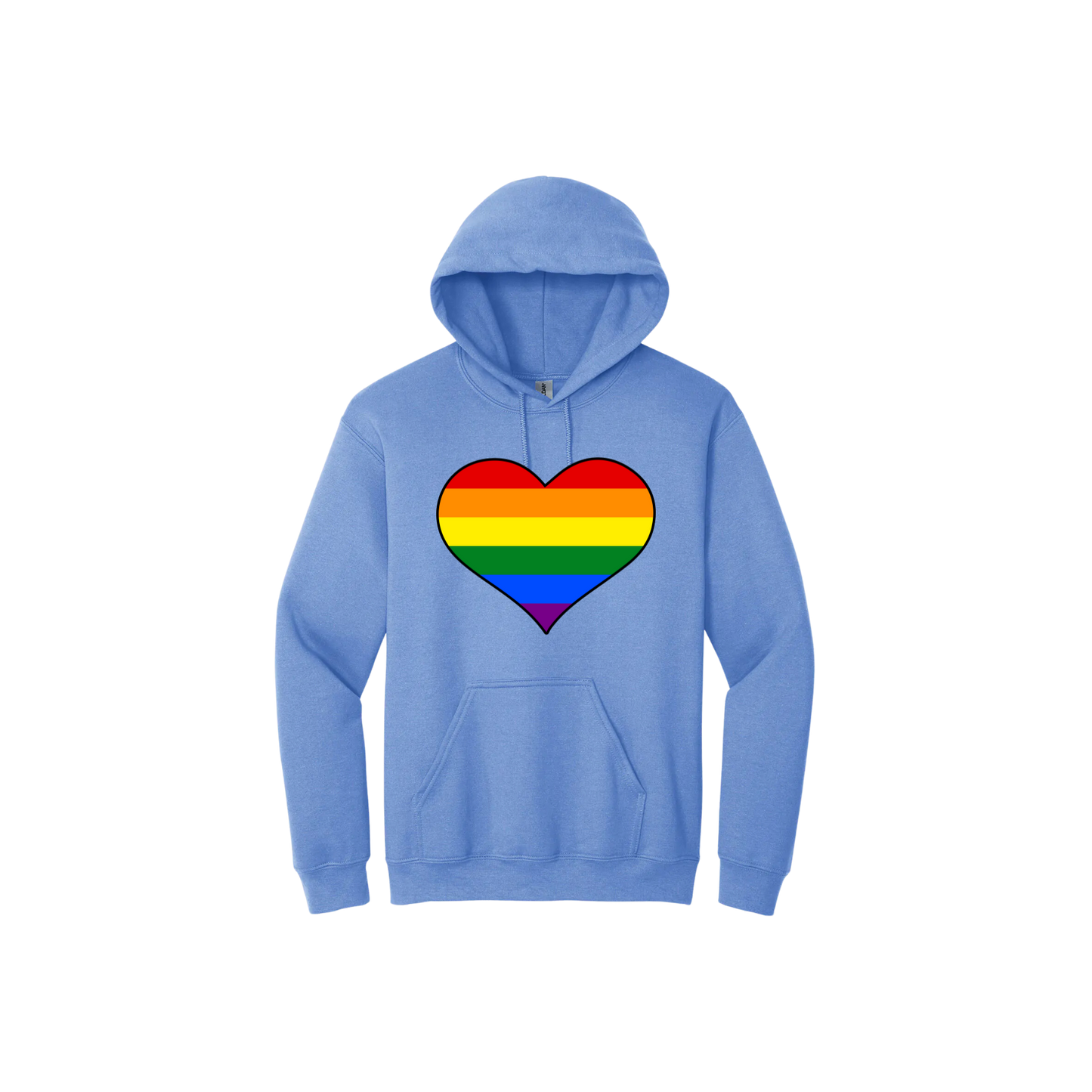 Carolina blue unisex hoodie with a rainbow coloured heart graphic in the center.