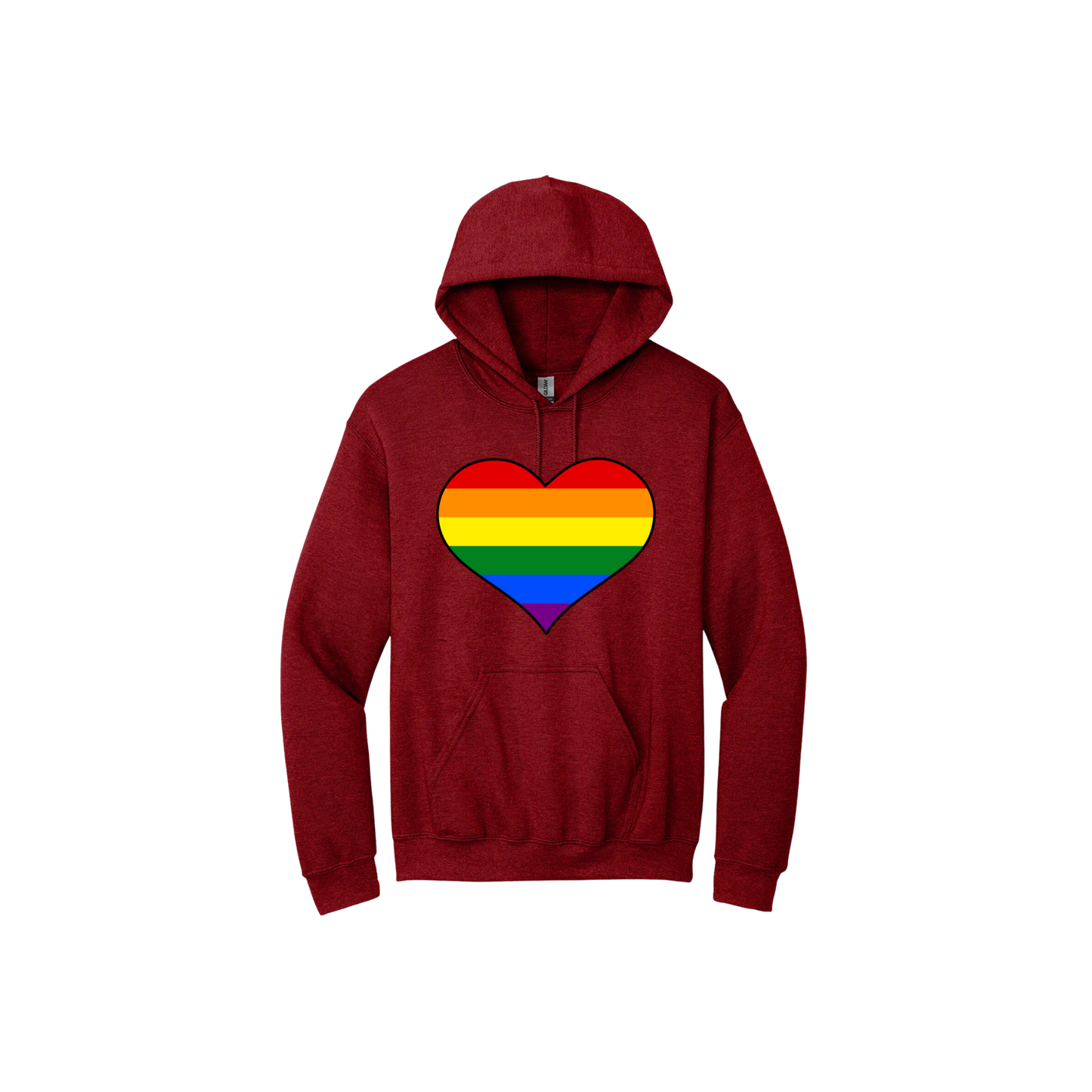 Cherry red unisex hoodie with a rainbow coloured heart graphic in the center.