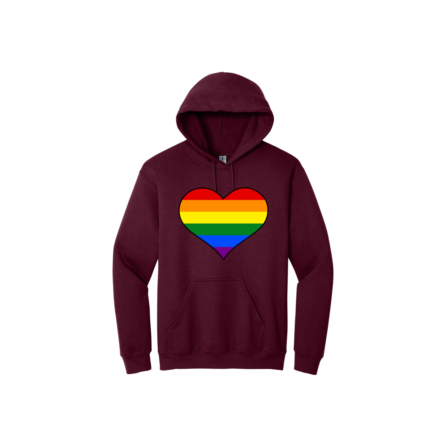 Maroon unisex hoodie with a rainbow coloured heart graphic in the center.