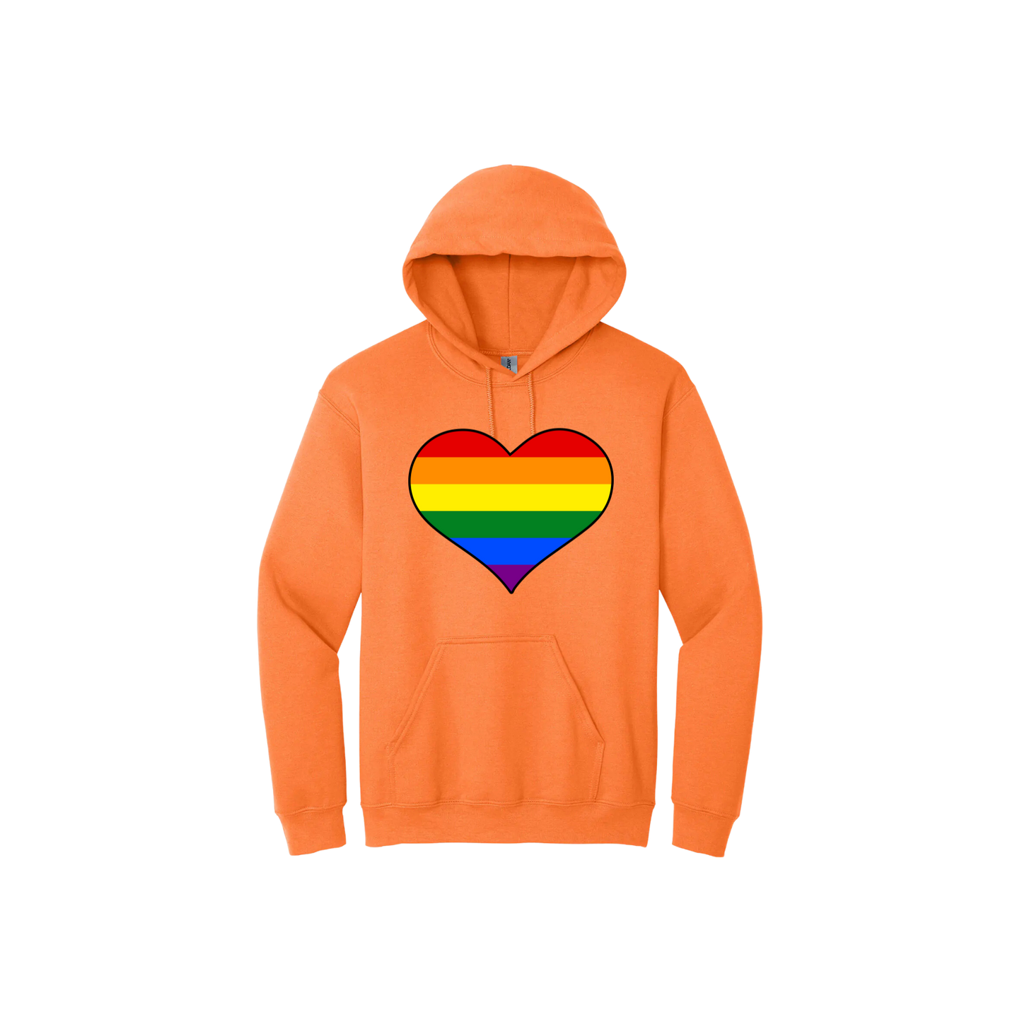 Orange unisex hoodie with a rainbow coloured heart graphic in the center.
