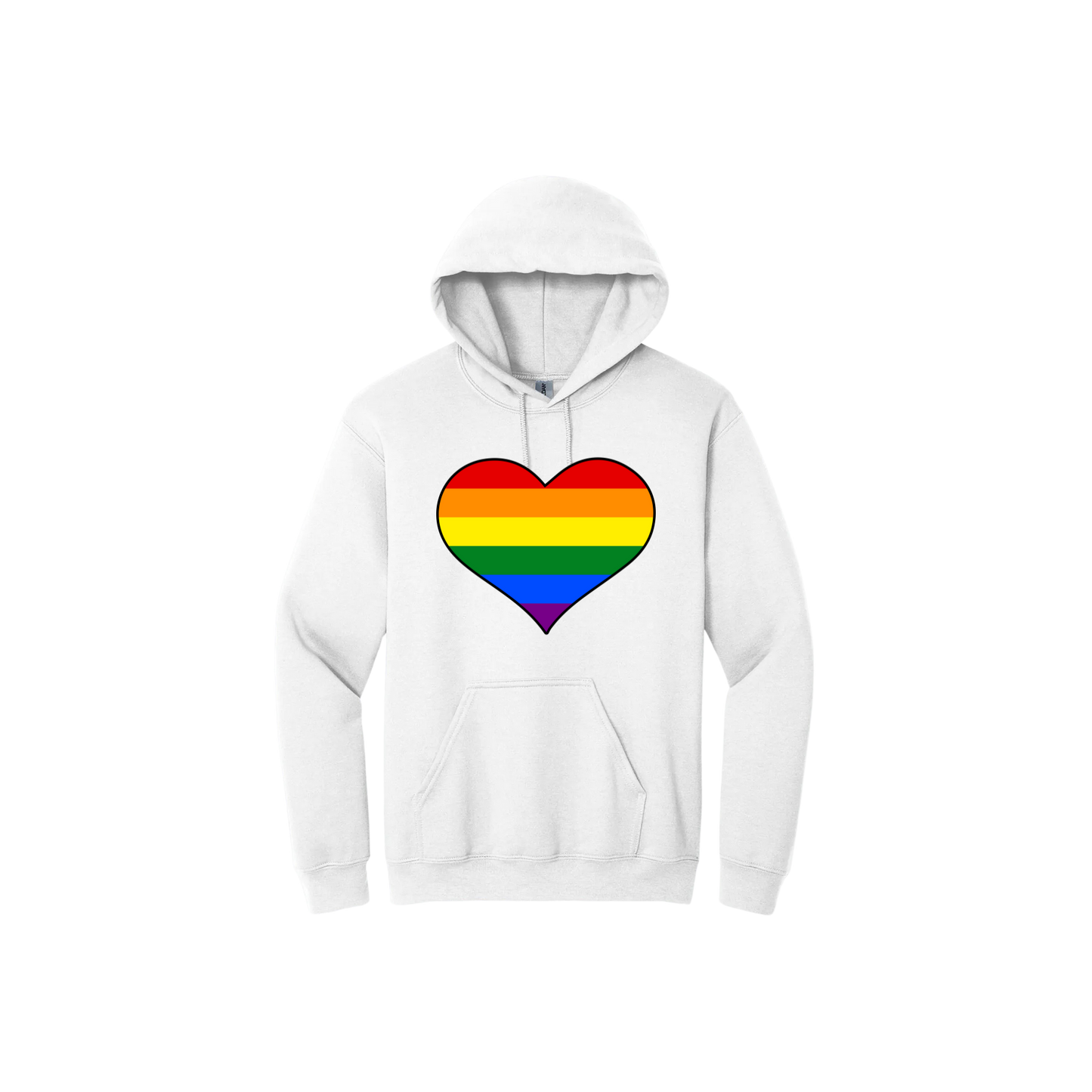 White unisex hoodie with a rainbow coloured heart graphic in the center.