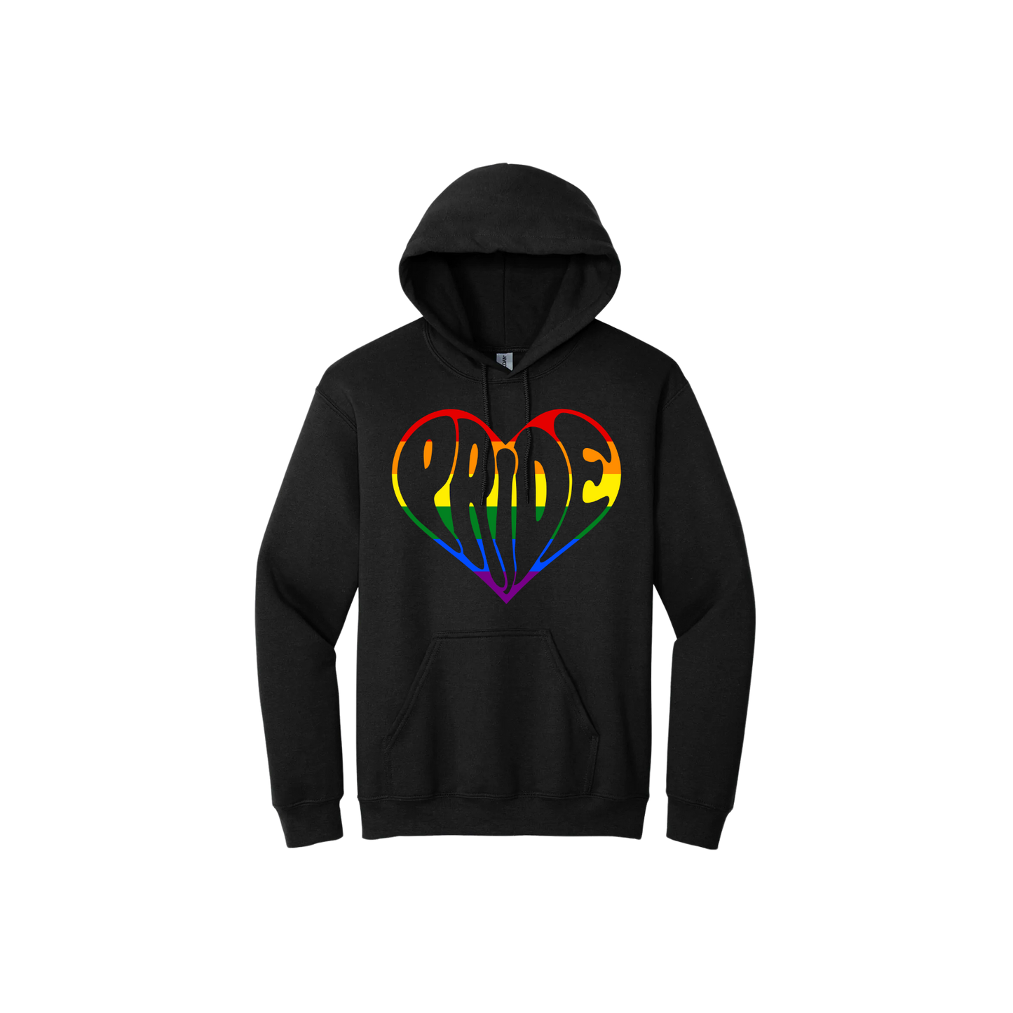 Black unisex hoodie featuring a rainbow coloured heart shape that is made up from the word 'Pride' written in black.