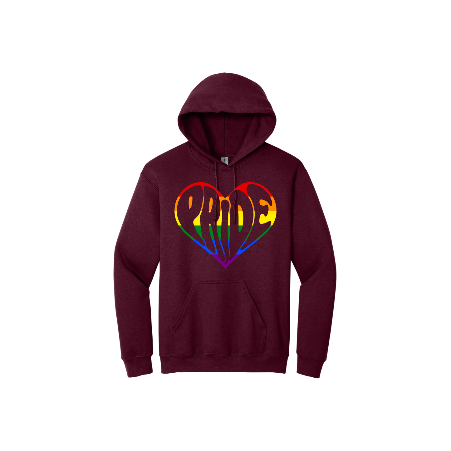 Maroon unisex hoodie featuring a rainbow coloured heart shape that is made up from the word 'Pride' written in marron.
