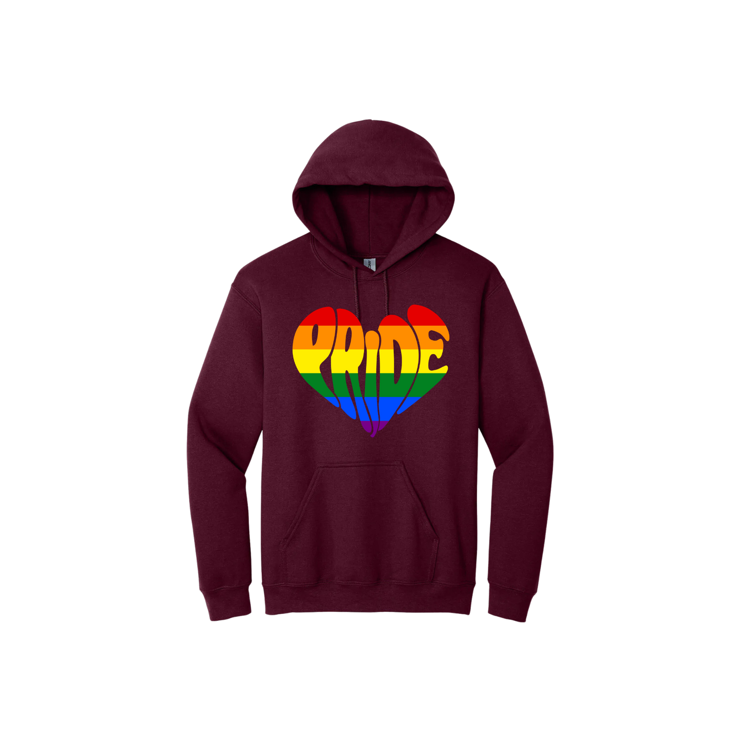 Maroon unisex hoodie featuring a rainbow coloured heart shape that is made up from the word 'Pride'.