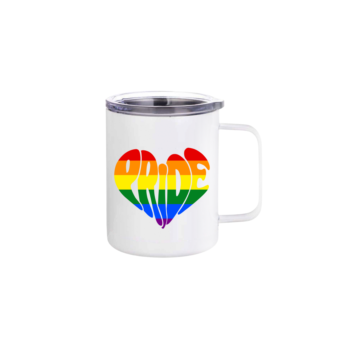 A white stainless steel mug with the word 'PRIDE' written in rainbow colours in the shape of a heart.