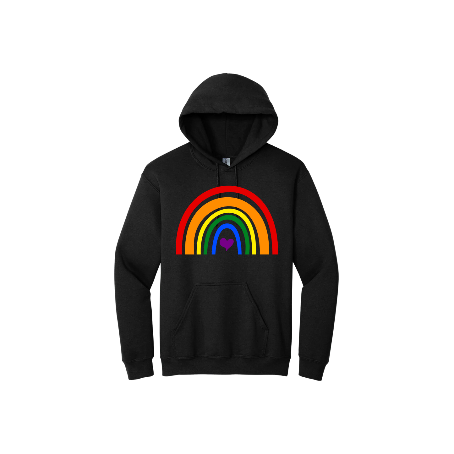 Black unisex hoodie with a colourful rainbow in the center, with a purple heart.