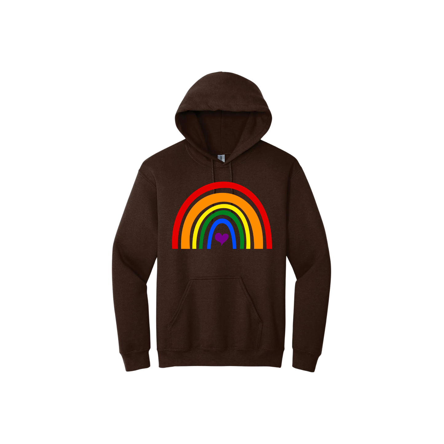 Brown unisex hoodie with a colourful rainbow in the center, with a purple heart.