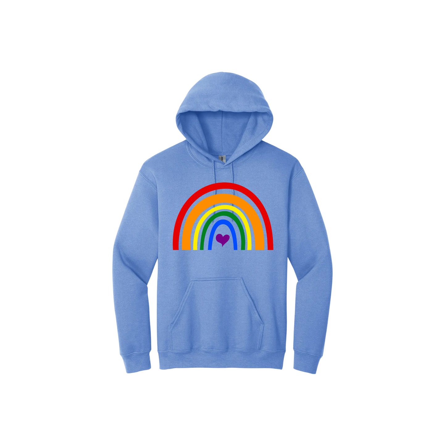 Carolina blue unisex hoodie with a colourful rainbow in the center, with a purple heart.