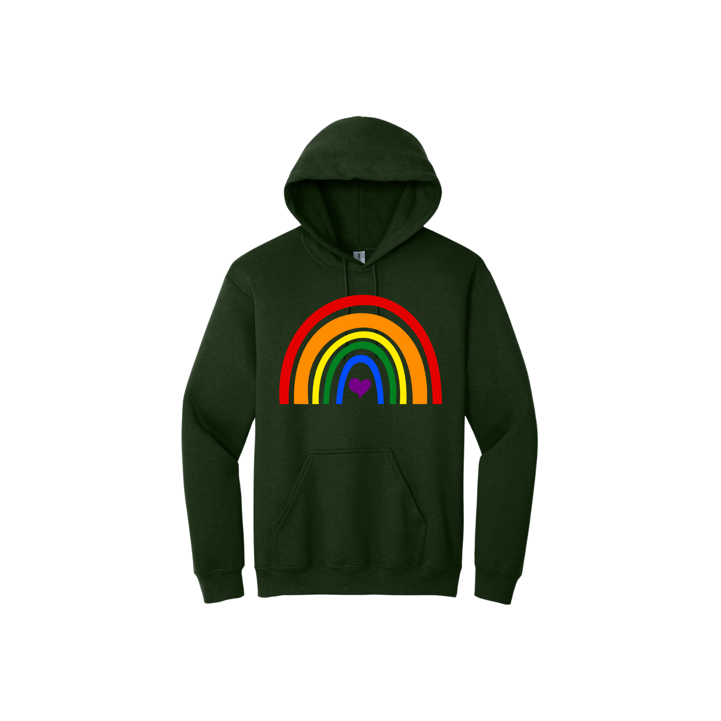 Forest green unisex hoodie with a colourful rainbow in the center, with a purple heart.