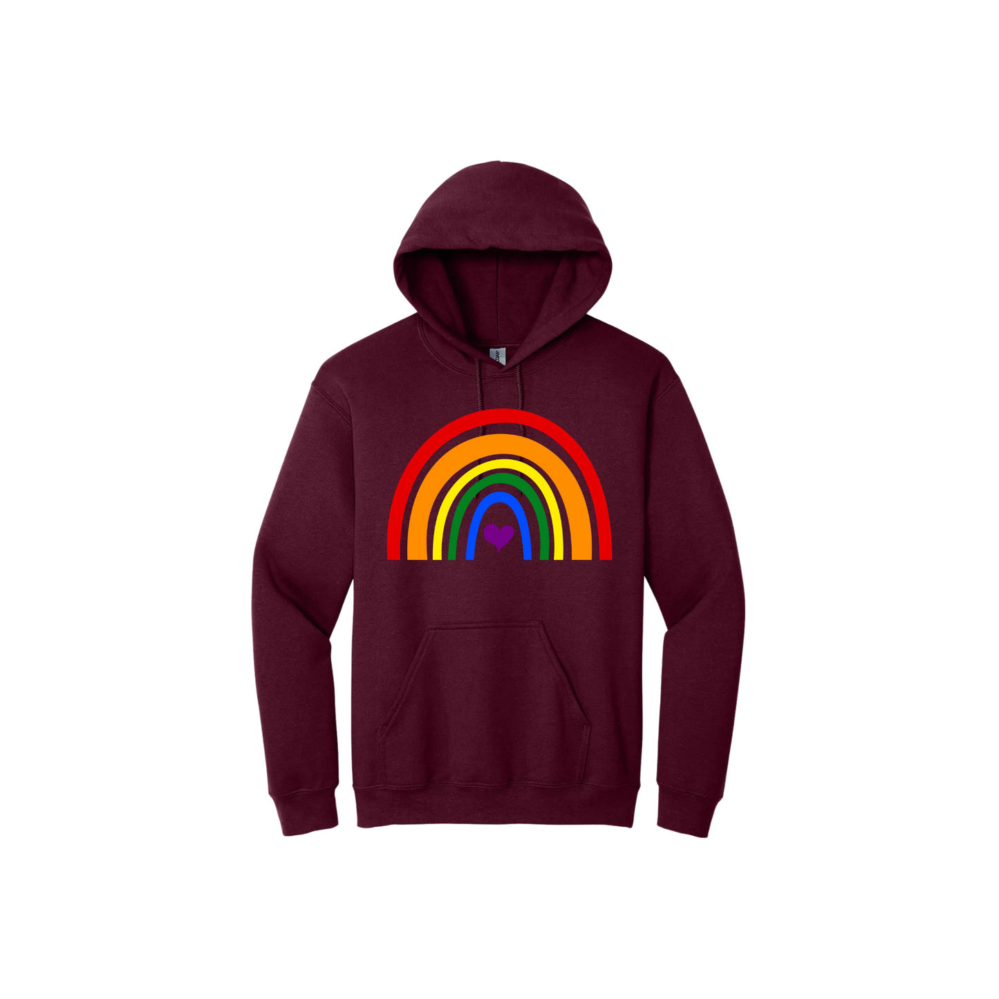 Maroon unisex hoodie with a colourful rainbow in the center, with a purple heart.