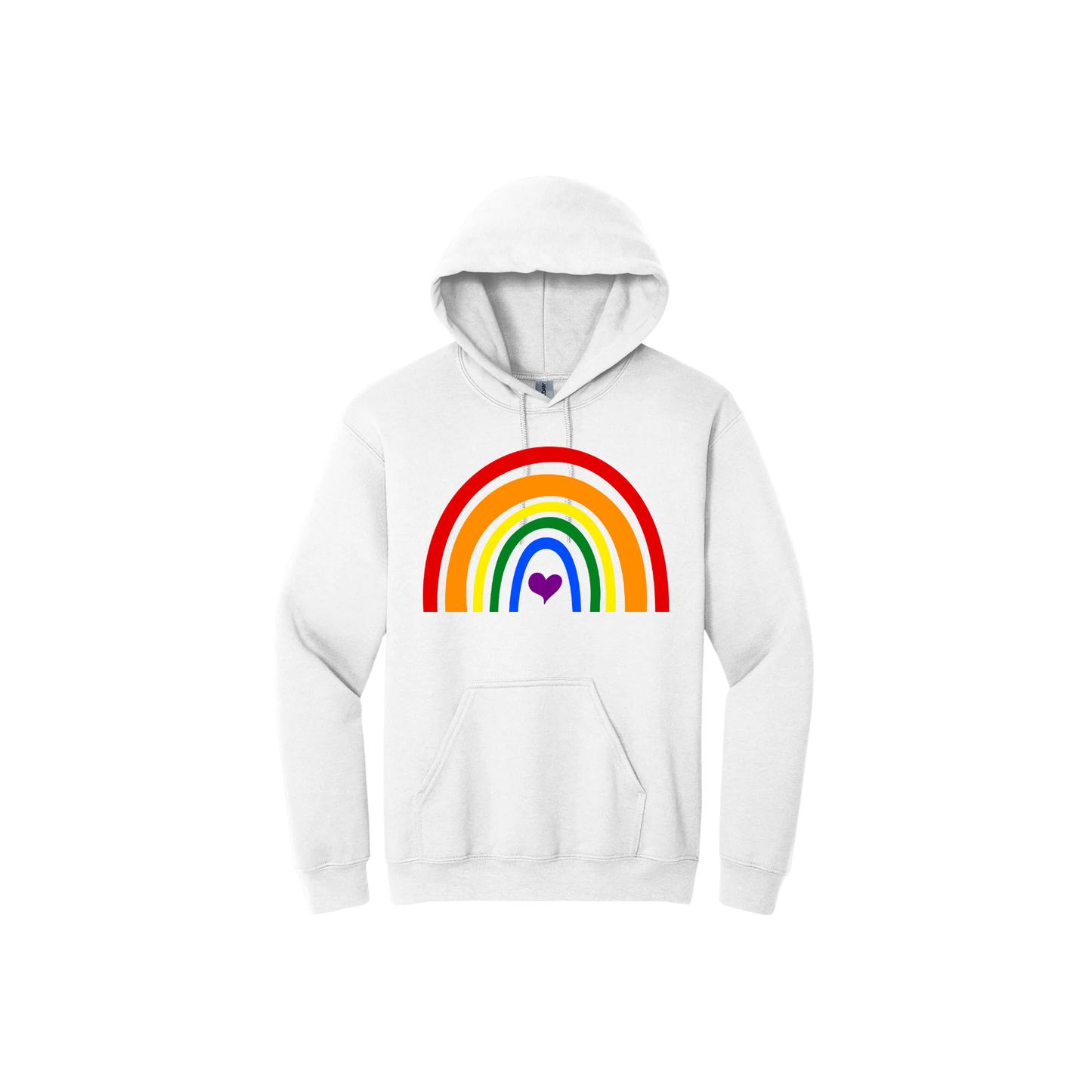 White unisex hoodie with a colourful rainbow in the center, with a purple heart.