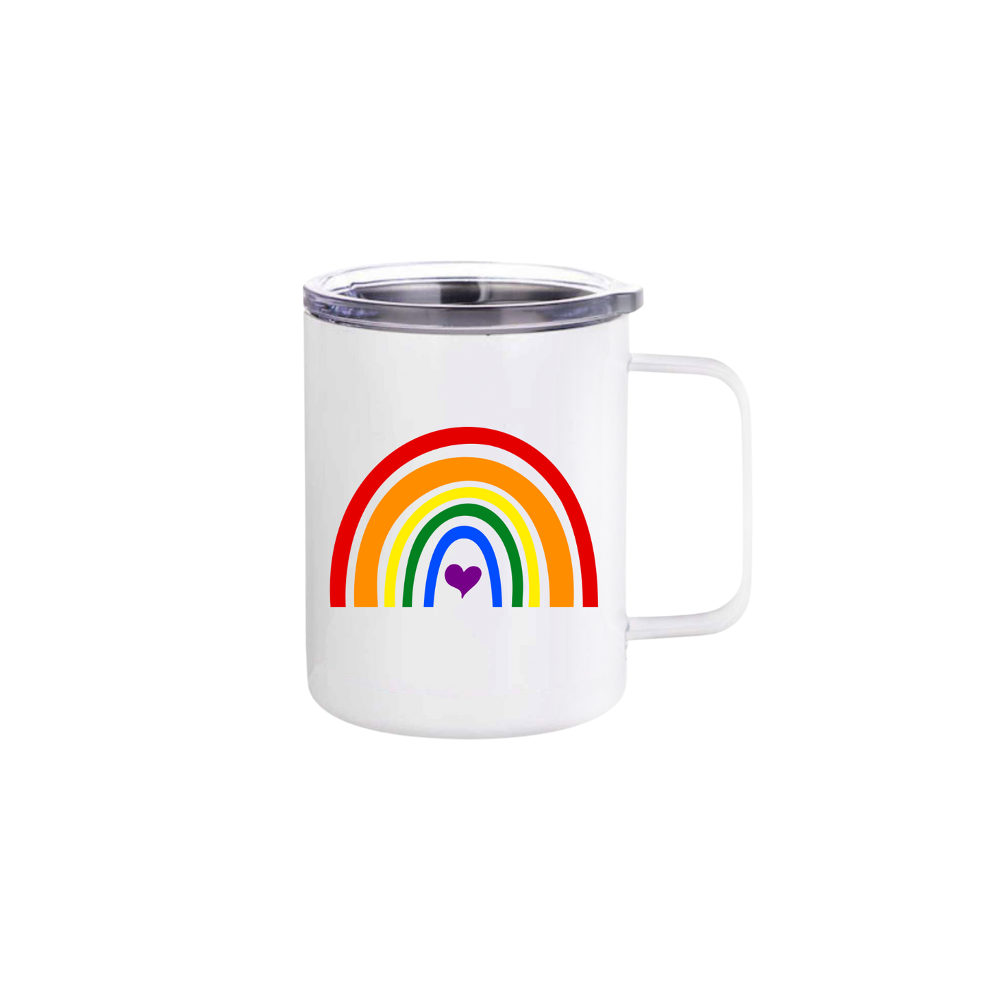 A white stainless steel mug with a colourful rainbow in the center, with a purple heart.