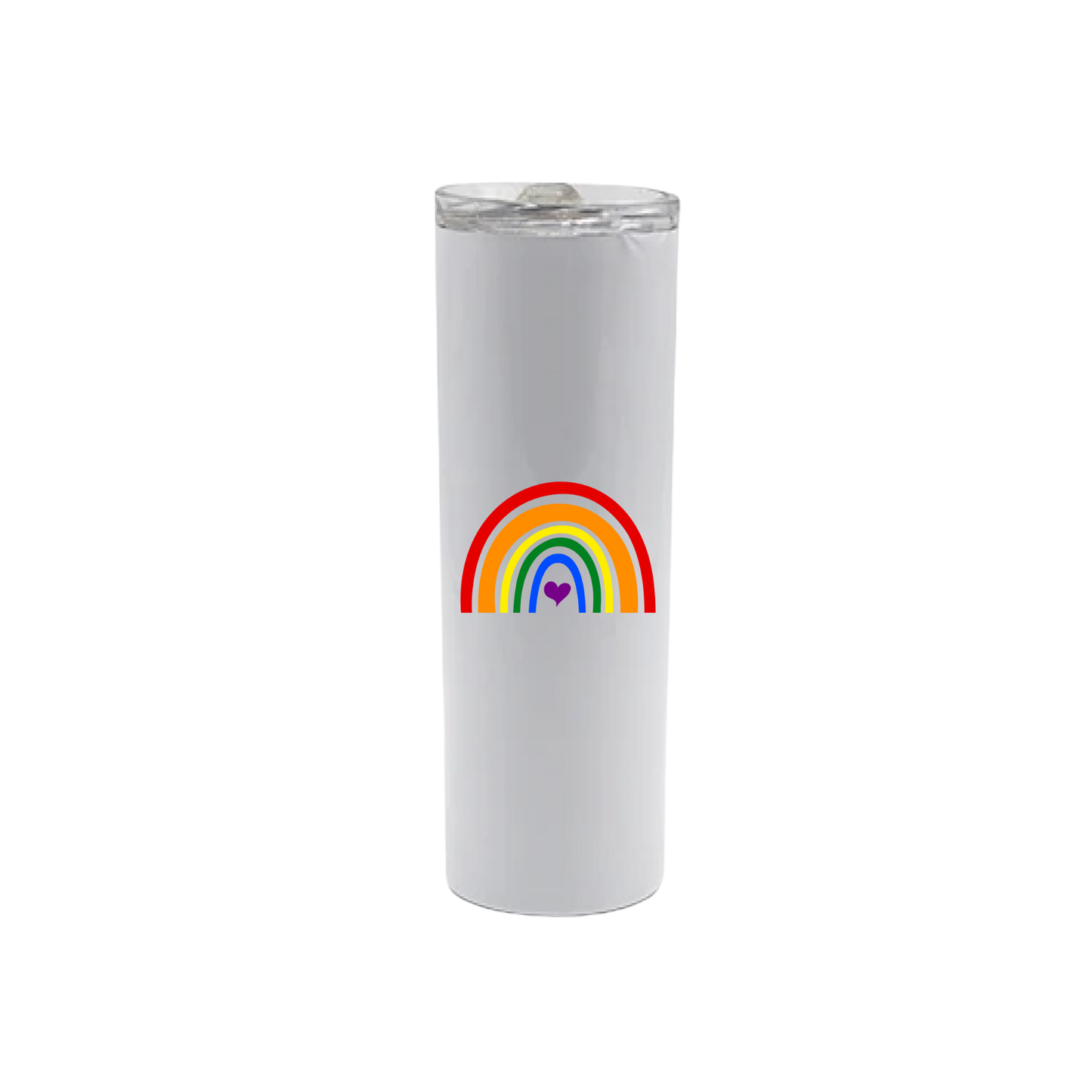 A white stainless steel tumbler with a colourful rainbow in the center, with a purple heart.