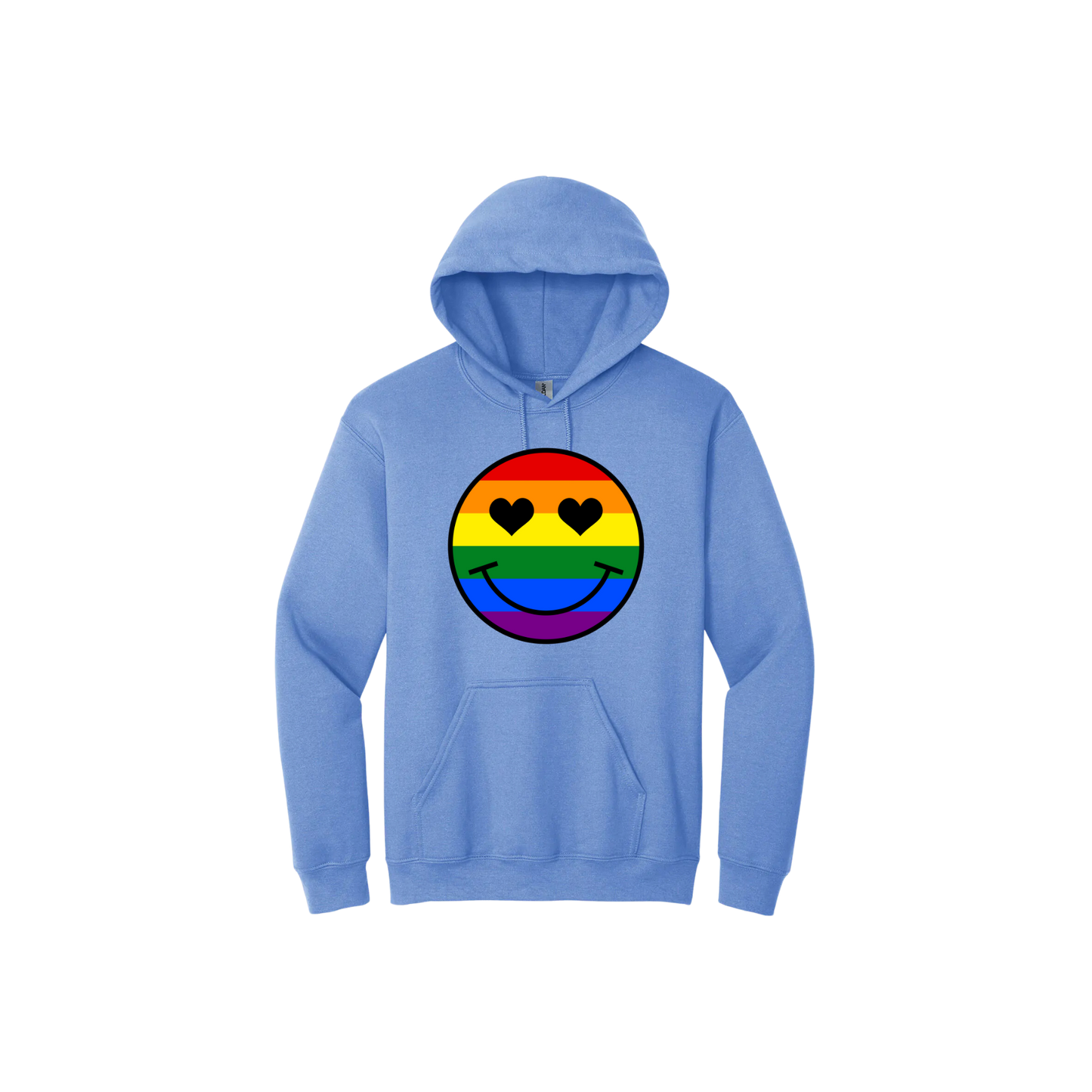 Carolina blue unisex hoodie with a rainbow coloured smiley face with heart shaped eyes in the center.