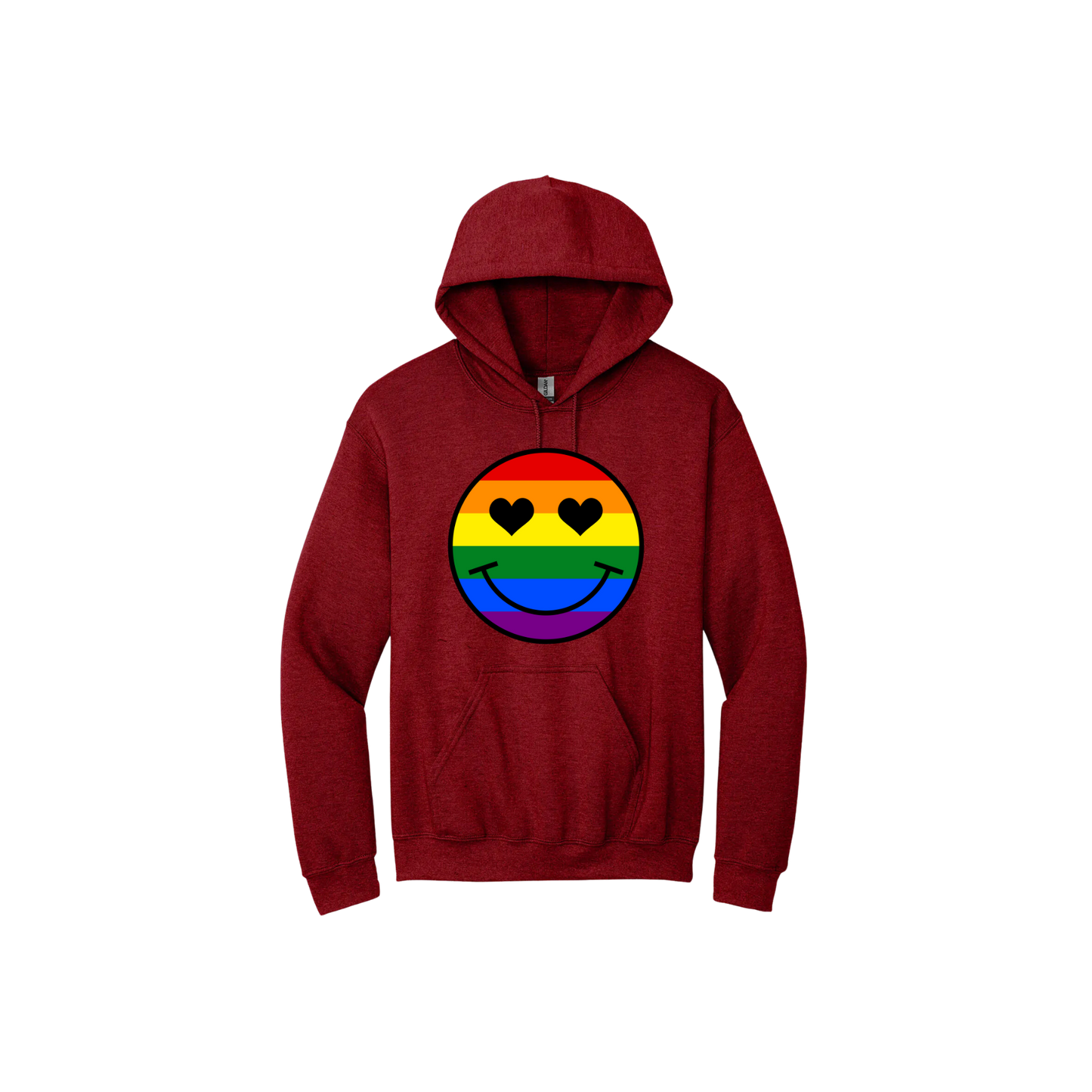 Cherry red unisex hoodie with a rainbow coloured smiley face with heart shaped eyes in the center.