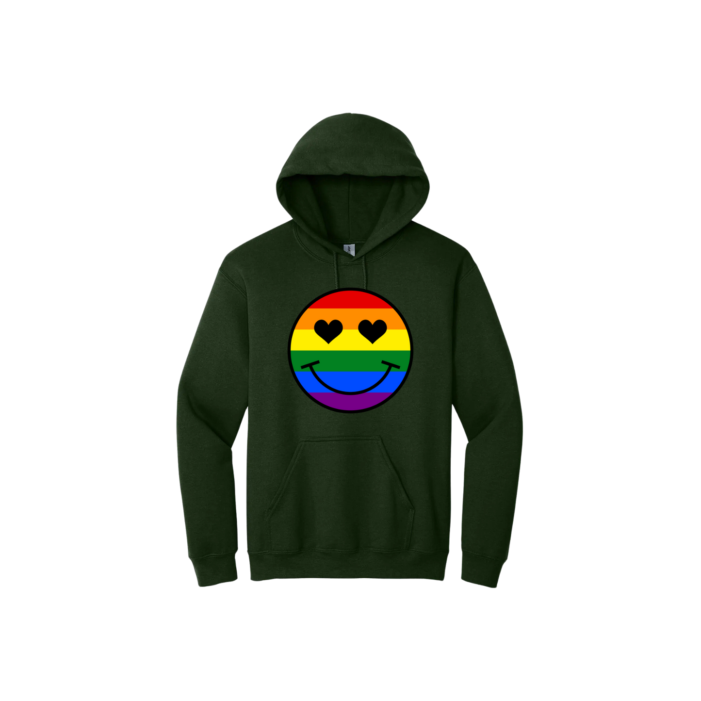 Forest green unisex hoodie with a rainbow coloured smiley face with heart shaped eyes in the center.