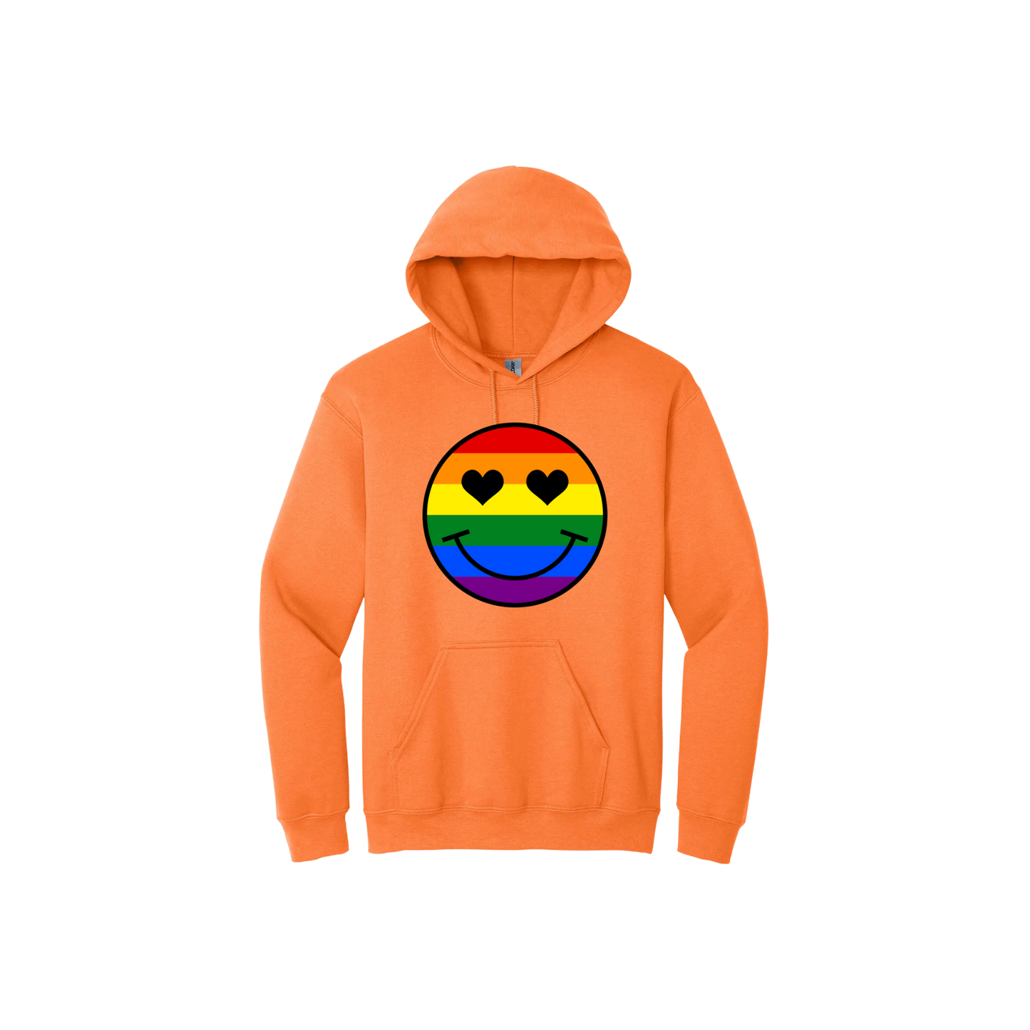 Light orange unisex hoodie with a rainbow coloured smiley face with heart shaped eyes in the center.
