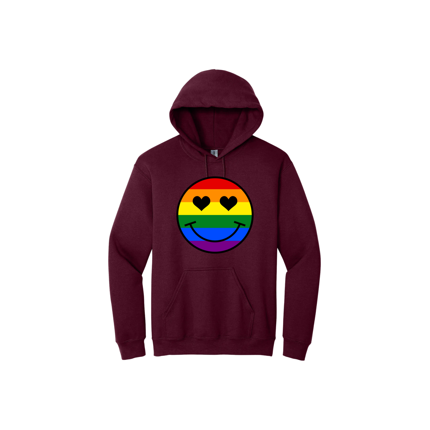 Maroon unisex hoodie with a rainbow coloured smiley face with heart shaped eyes in the center.