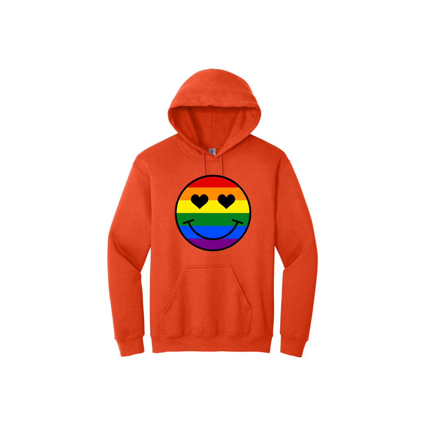 Orange unisex hoodie with a rainbow coloured smiley face with heart shaped eyes in the center.