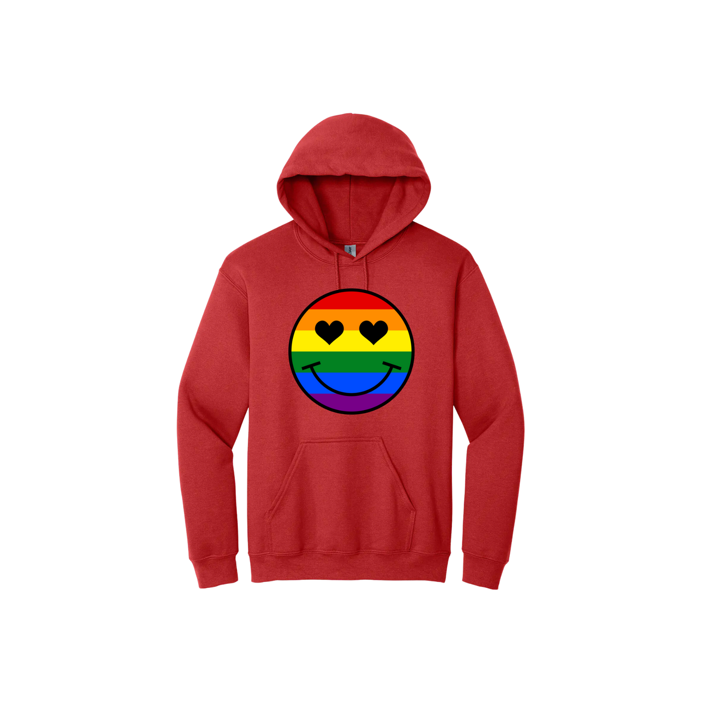 Red unisex hoodie with a rainbow coloured smiley face with heart shaped eyes in the center.