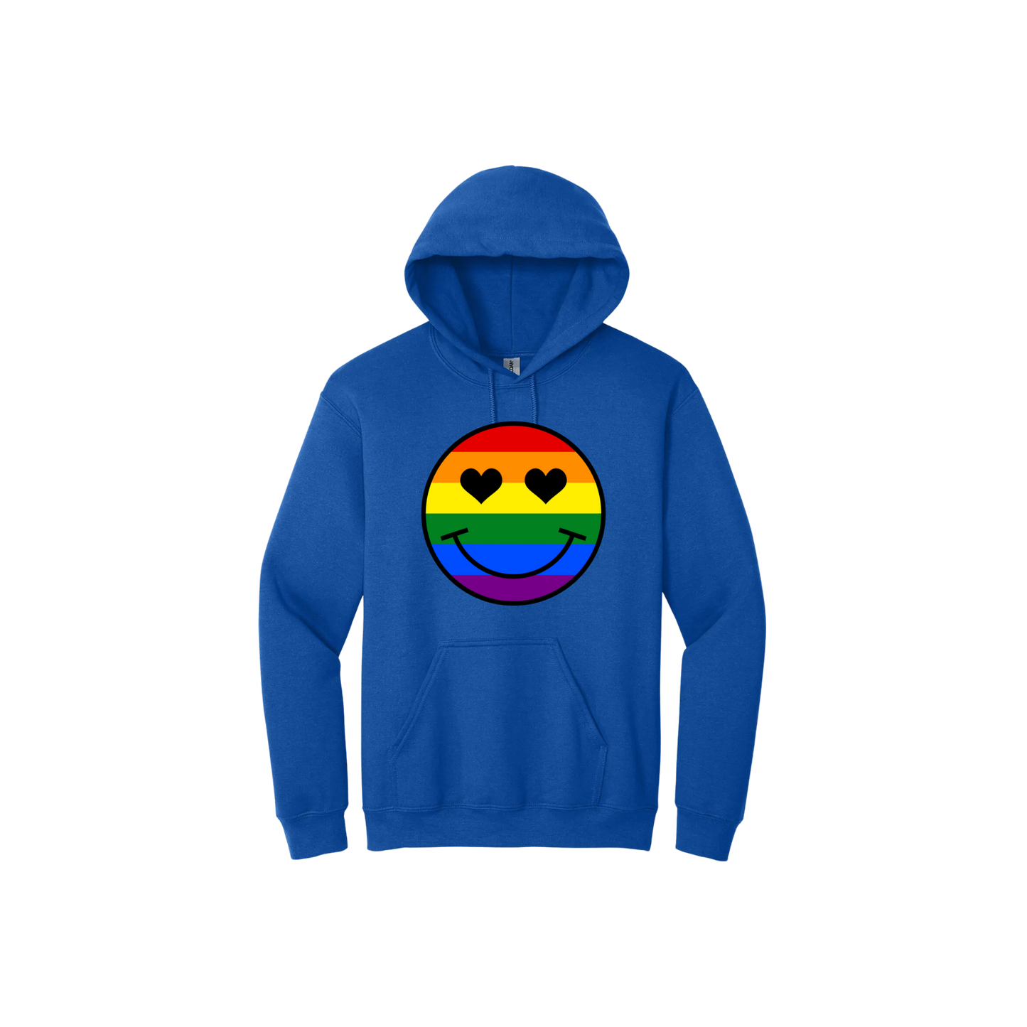 Royal blue unisex hoodie with a rainbow coloured smiley face with heart shaped eyes in the center.