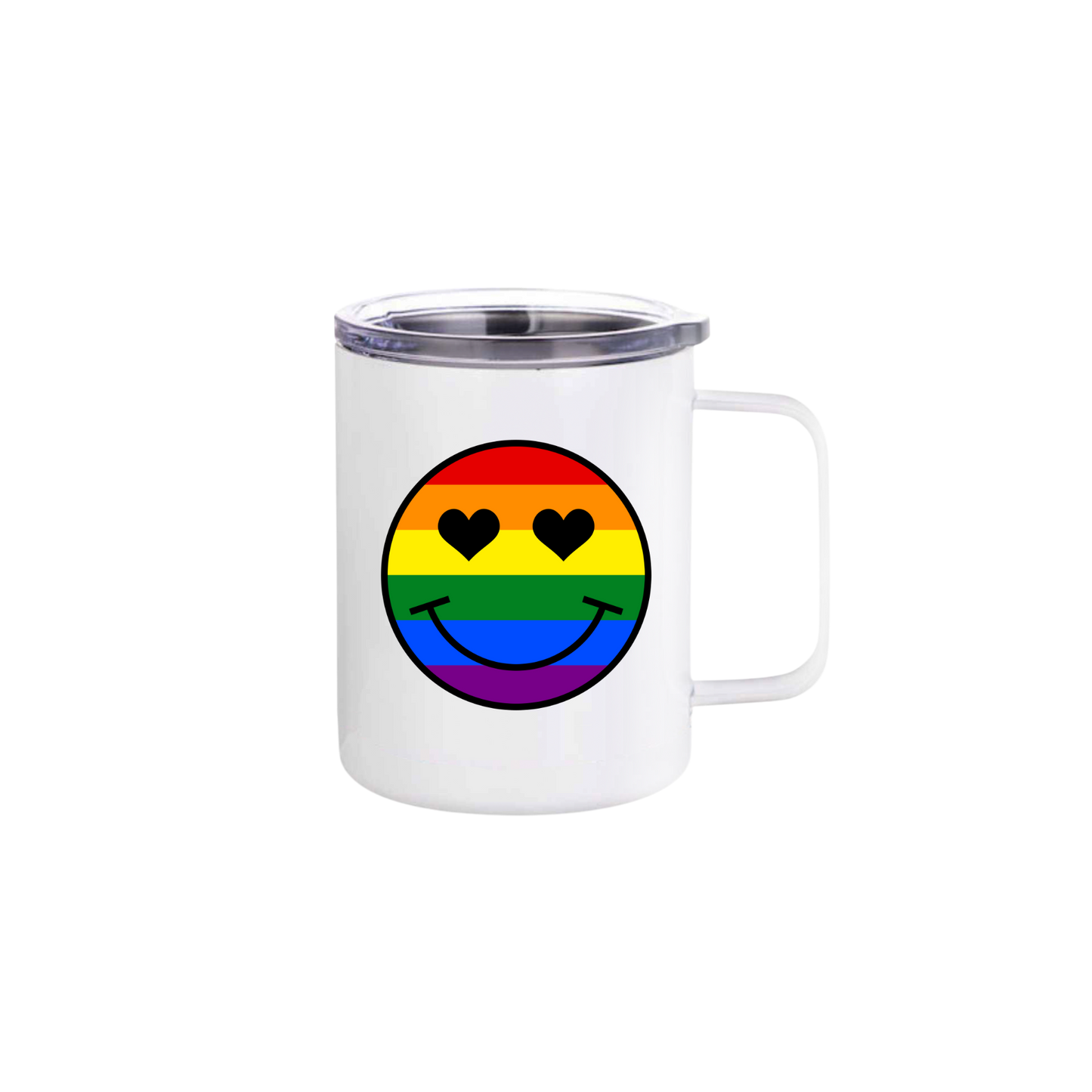A white stainless steel mug with a rainbow coloured smiley face with heart shaped eyes in the center.