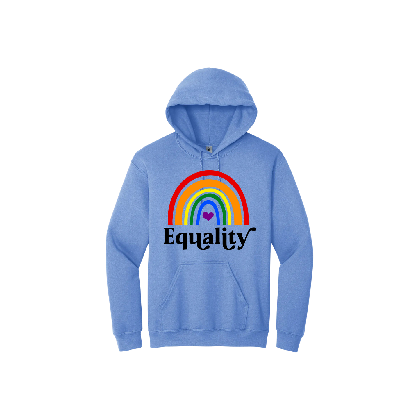 Blue hoodie with a rainbow design in the front on the center, with text that reads 'Equality' under.
