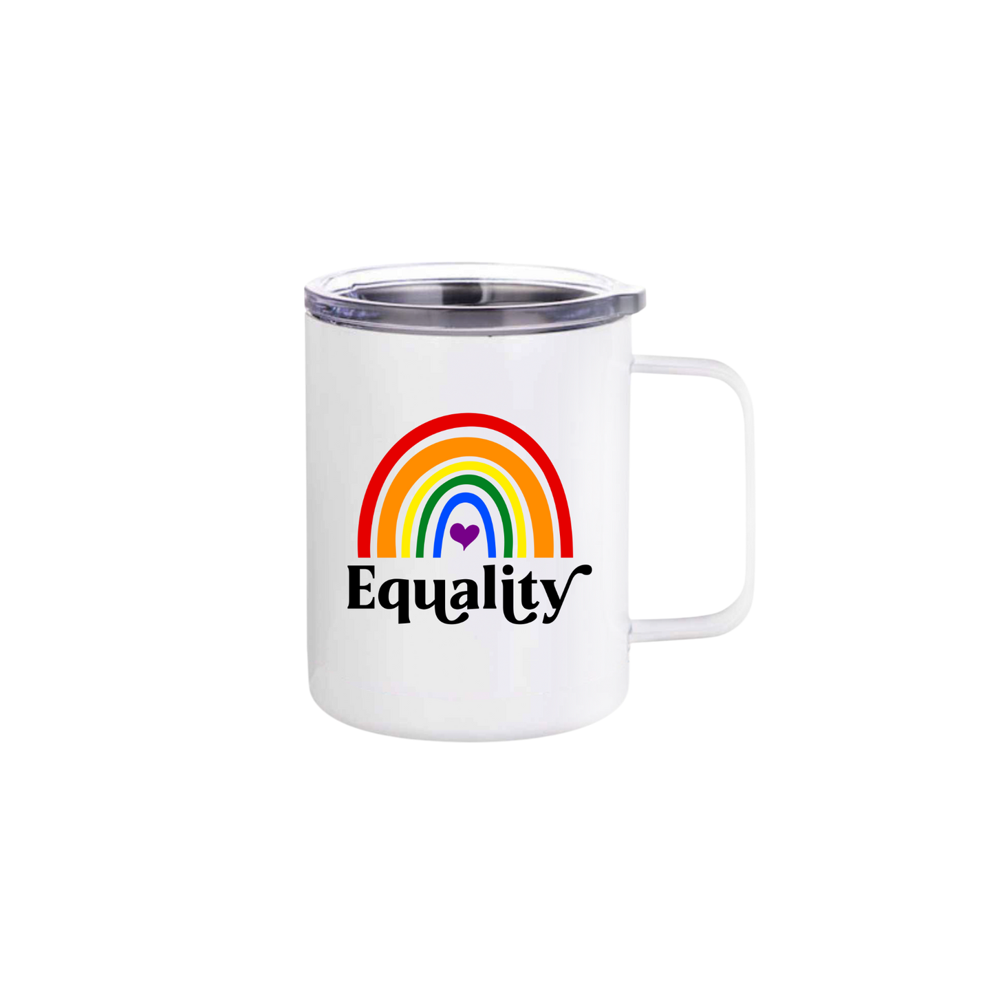 A white stainless steel mug with a rainbow design in the front on the center, with text that reads 'Equality' underneath.