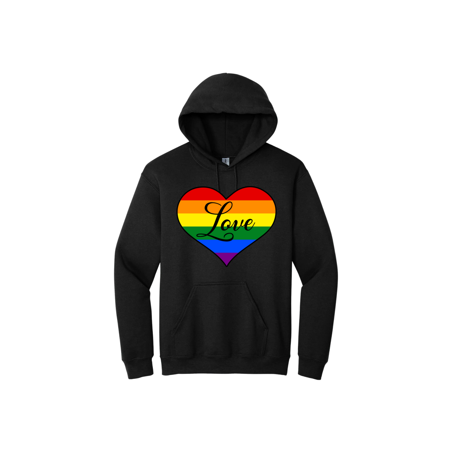 Black unisex hoodie with a large rainbow heart in the center with the word 'Love' written in the center.