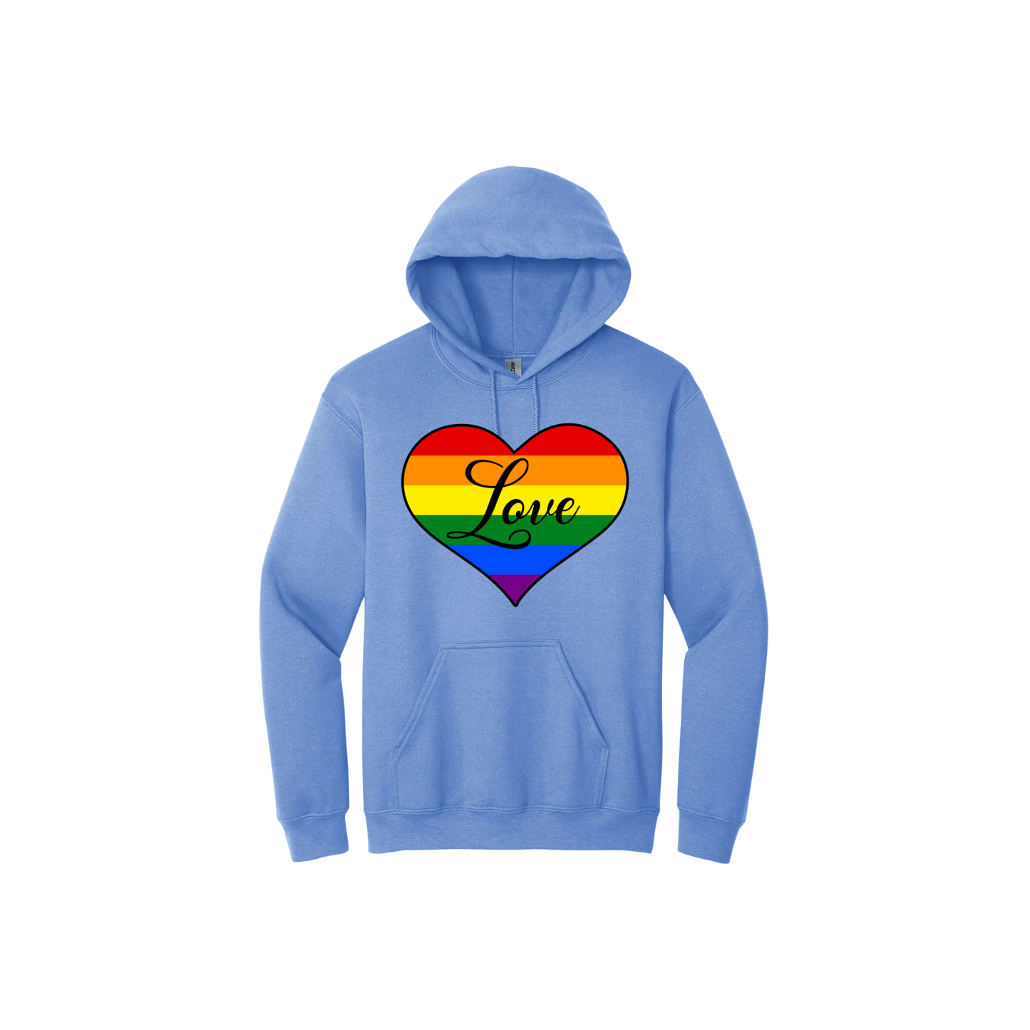 Blue unisex hoodie with a large rainbow heart in the center with the word 'Love' written in the center.