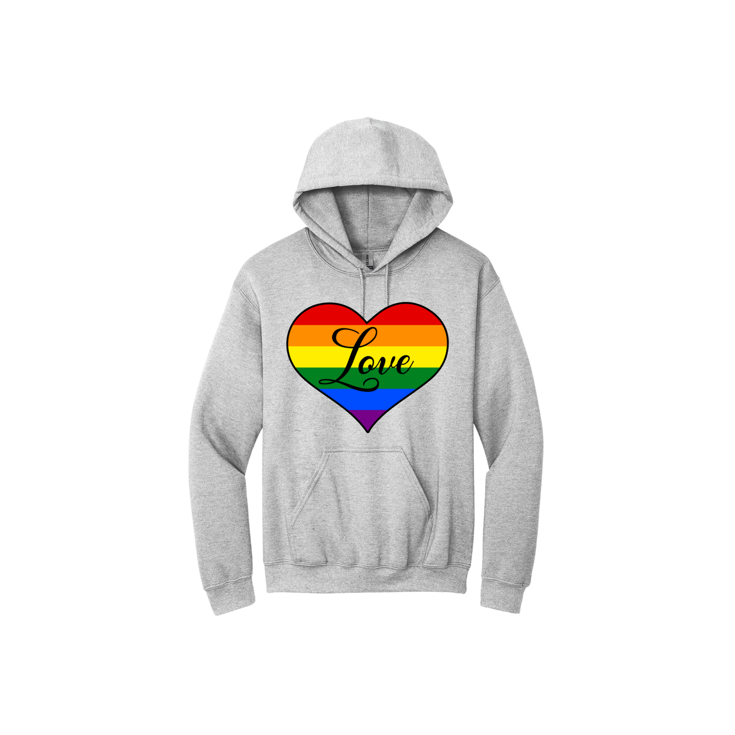 Grey unisex hoodie with a large rainbow heart in the center with the word 'Love' written in the center.