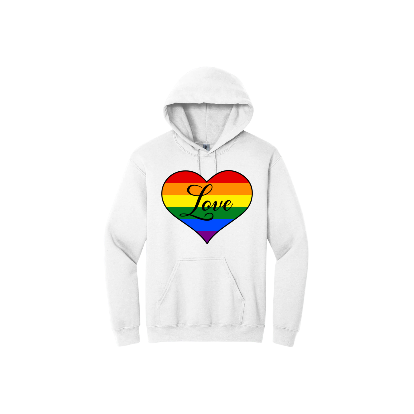 White unisex hoodie with a large rainbow heart in the center with the word 'Love' written in the center.