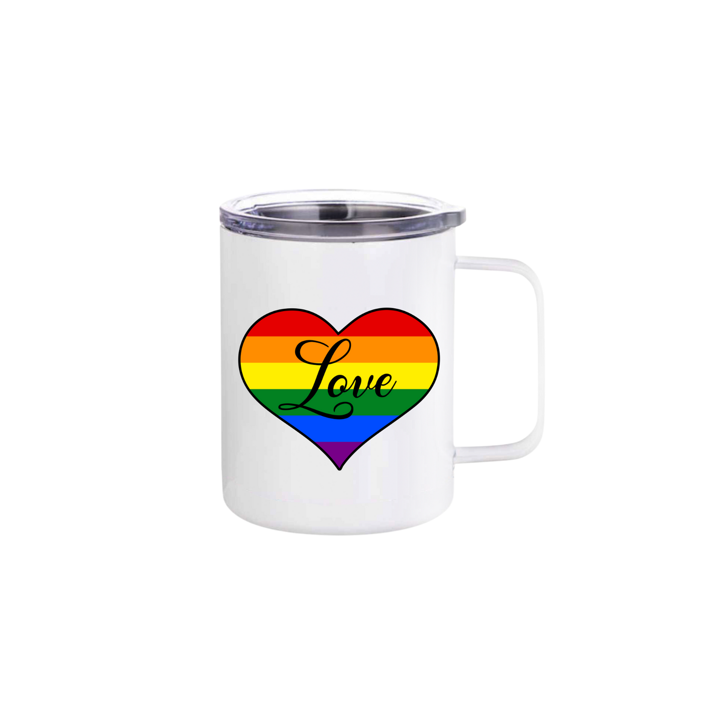A white stainless steel mug with text that reads 'Love' inside of a graphic of a rainbow heart shape.