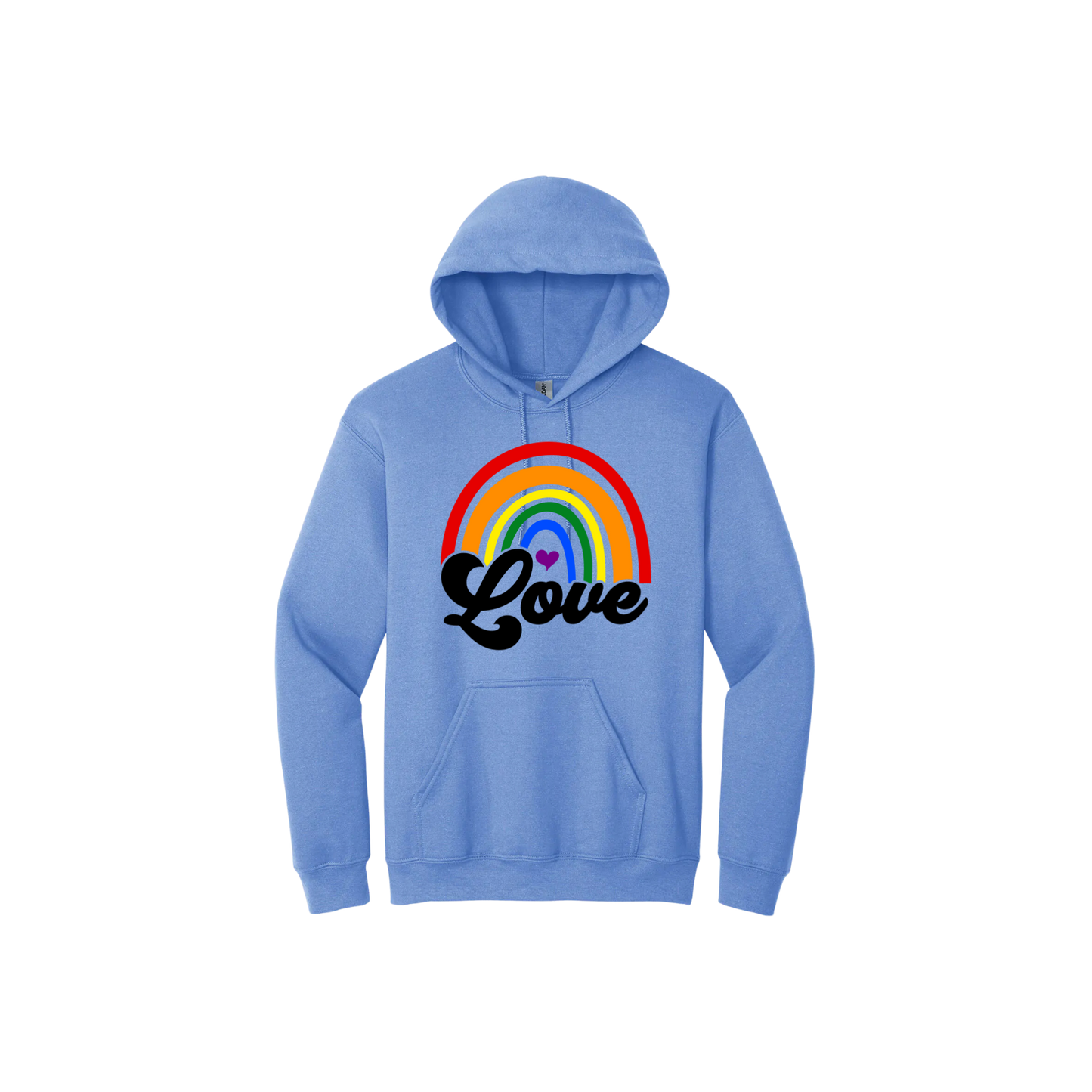 Blue unisex hoodie with a rainbow design in the center with the word 'Love' underneath.