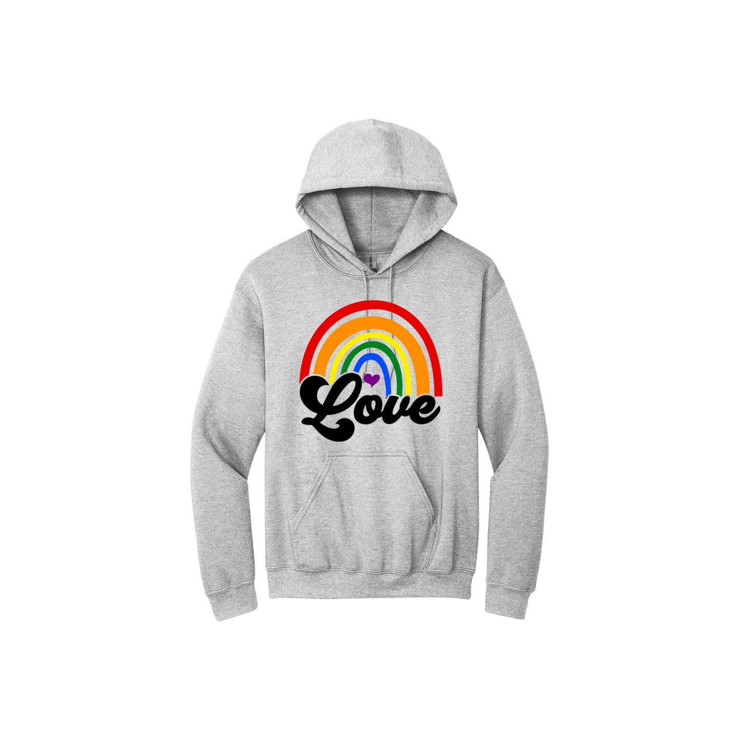 Grey unisex hoodie with a rainbow design in the center with the word 'Love' underneath.