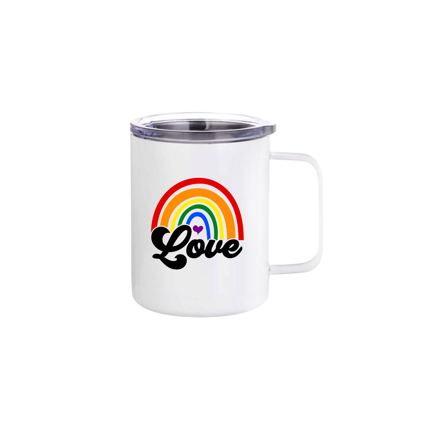A white stainless steel mug with text that reads 'Love' underneath a graphic of a rainbow.