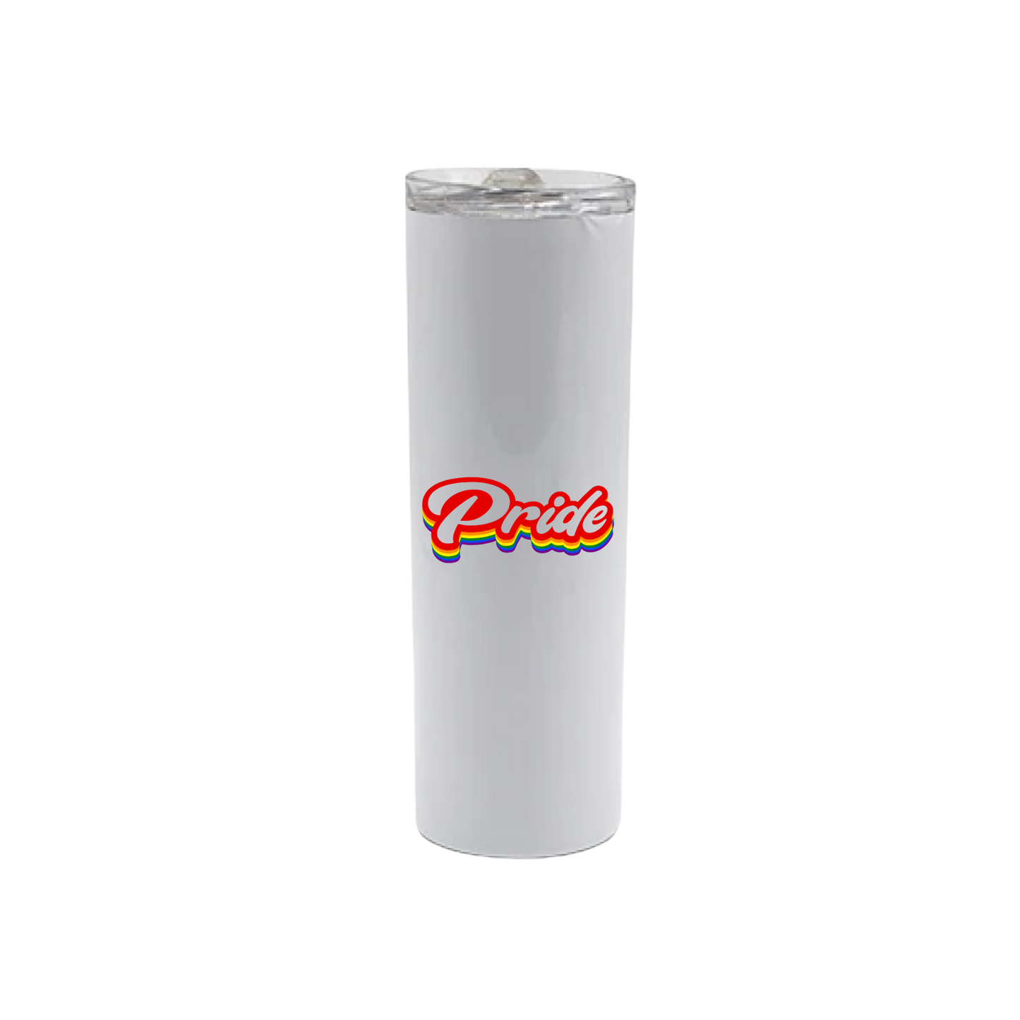 A white stainless steel tumbler with text that reads 'Pride' written in layered rainbow colors in a vintage font.