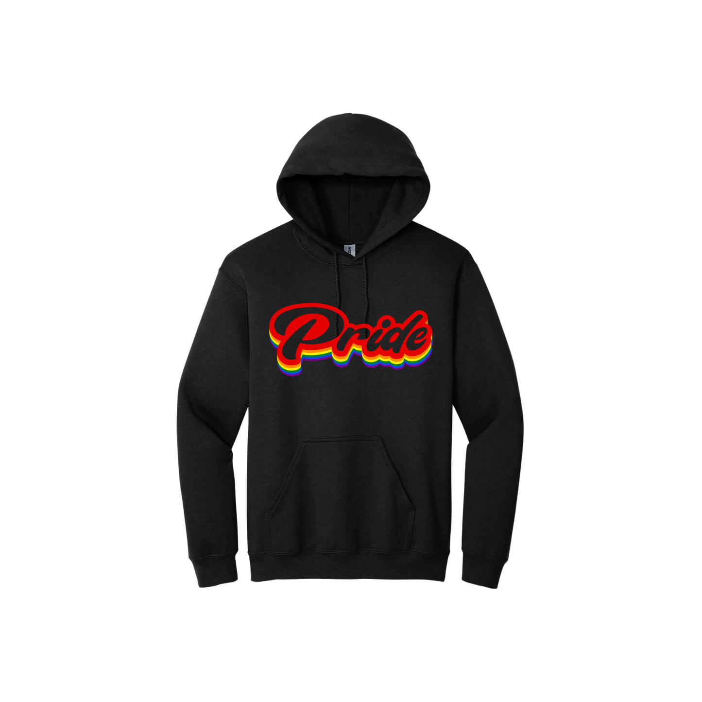 Black unisex hoodie featuring rainbow colored text in a vintage font that reads 'Pride'.